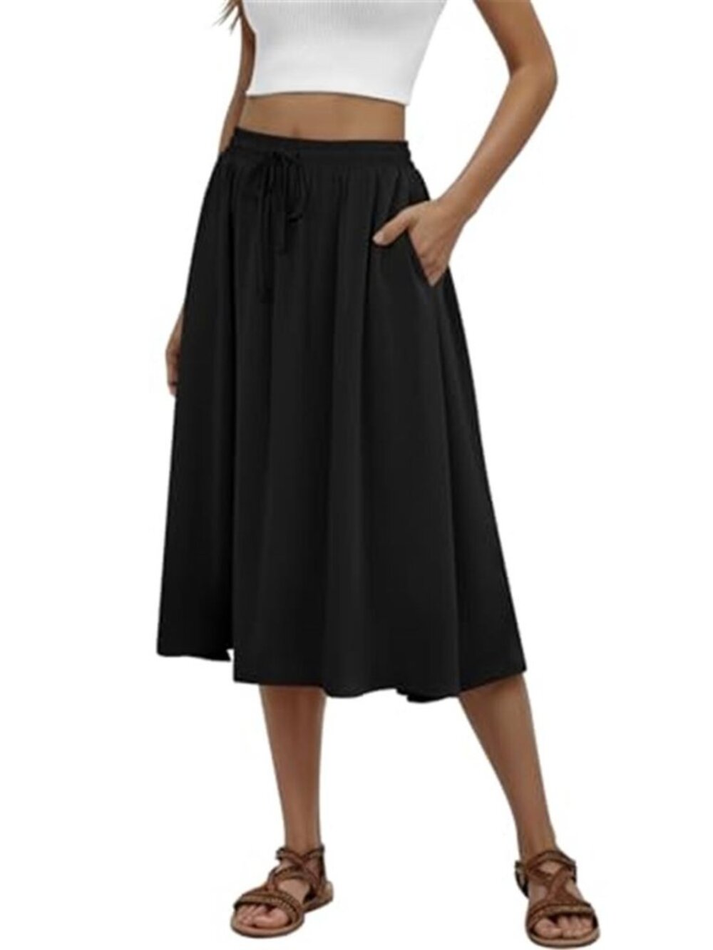 MLXSJ Women's Midi Skirt Summer Pleated Flowy Skirts with Pockets S-3XL